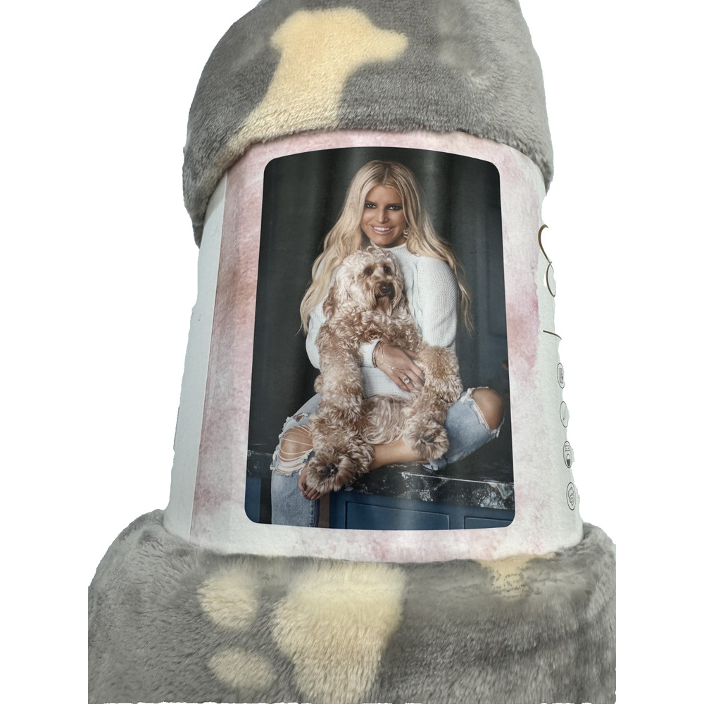 Jessica Simpson Ultra Plush Pet Throw Blanket Gray & White Dog/Paws Print 40x50"